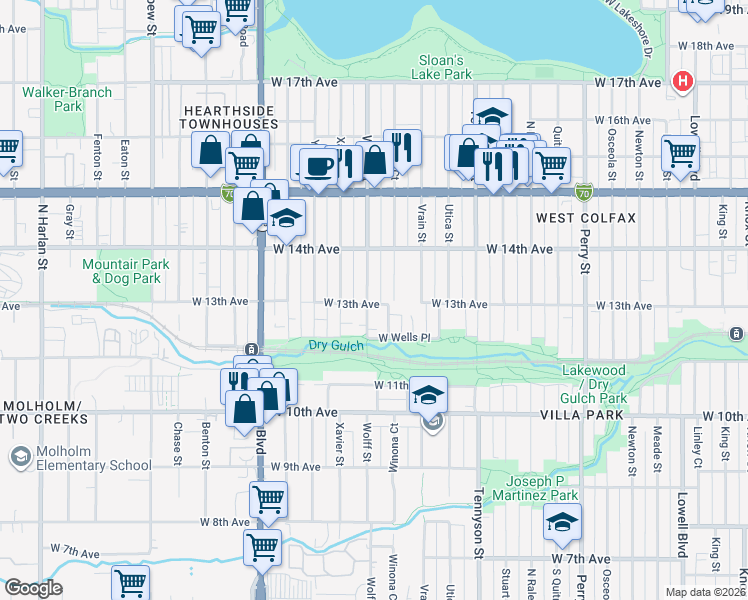 map of restaurants, bars, coffee shops, grocery stores, and more near 4708 West 13th Avenue in Denver