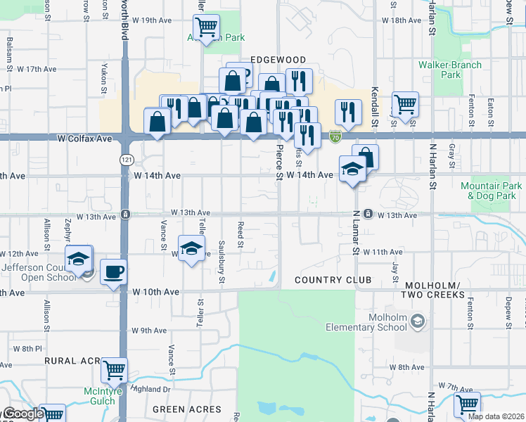 map of restaurants, bars, coffee shops, grocery stores, and more near 6950 West 13th Avenue in Lakewood