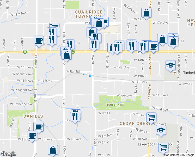 map of restaurants, bars, coffee shops, grocery stores, and more near 10791 West 13th Avenue in Denver