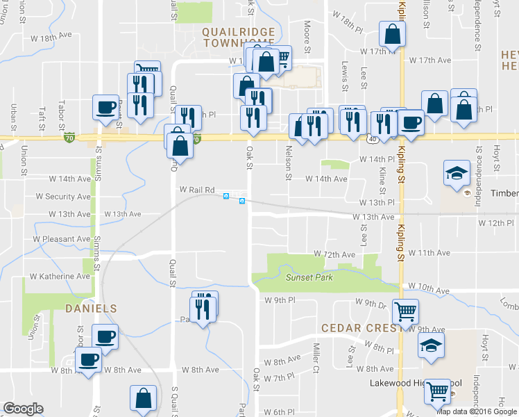 map of restaurants, bars, coffee shops, grocery stores, and more near 10791 West 13th Avenue in Denver