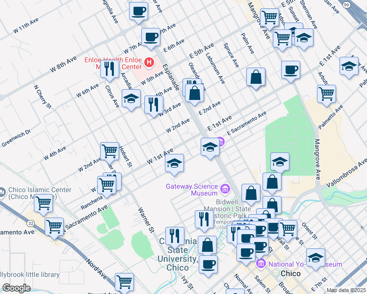 map of restaurants, bars, coffee shops, grocery stores, and more near 229 West 1st Avenue in Chico