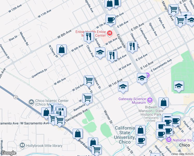 map of restaurants, bars, coffee shops, grocery stores, and more near 1170A Hobart Street in Chico