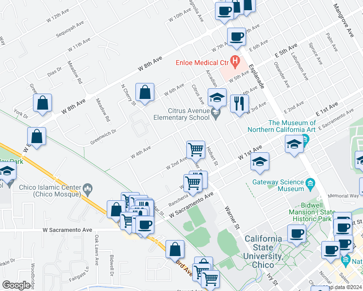 map of restaurants, bars, coffee shops, grocery stores, and more near 614 West 2nd Avenue in Chico