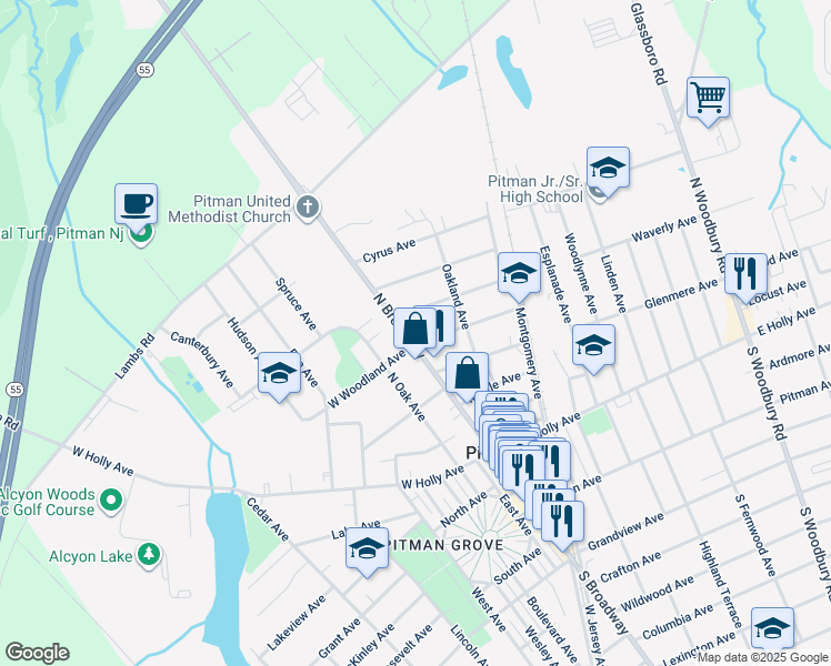 map of restaurants, bars, coffee shops, grocery stores, and more near 410 North Broadway in Pitman