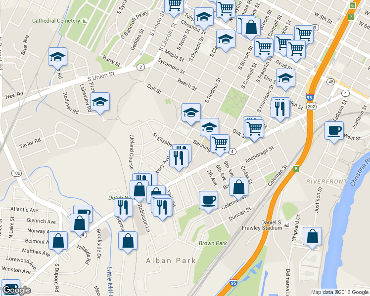 map of restaurants, bars, coffee shops, grocery stores, and more near 1401 Saint Elizabeth Street in Wilmington