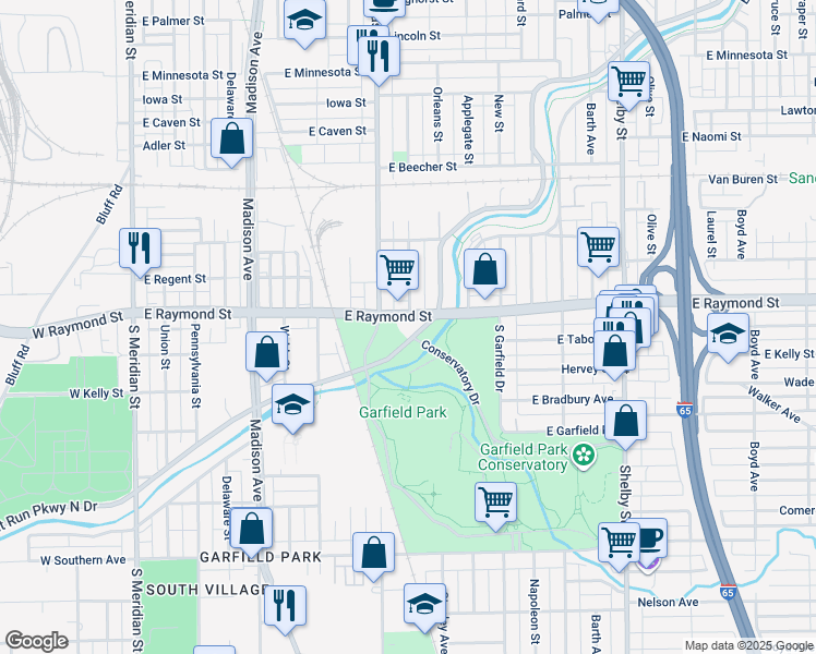 map of restaurants, bars, coffee shops, grocery stores, and more near 620 East Pleasant Run Parkway North Drive in Indianapolis