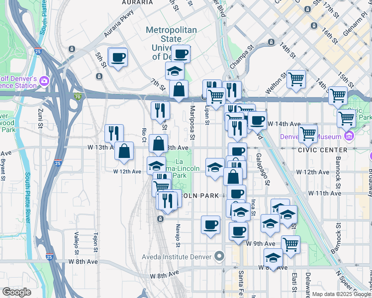map of restaurants, bars, coffee shops, grocery stores, and more near 1300 West 13th Avenue in Denver