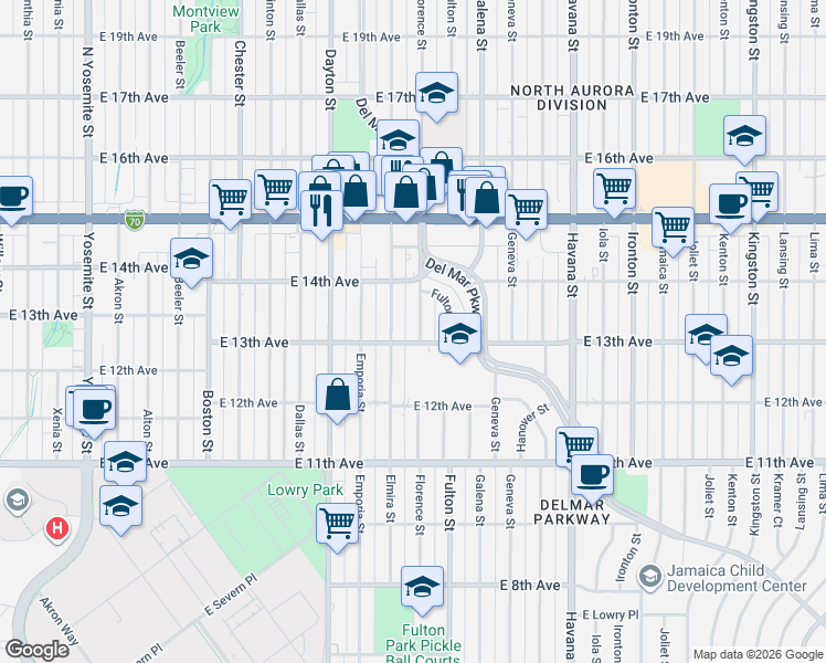 map of restaurants, bars, coffee shops, grocery stores, and more near 1300 Elmira Street in Aurora