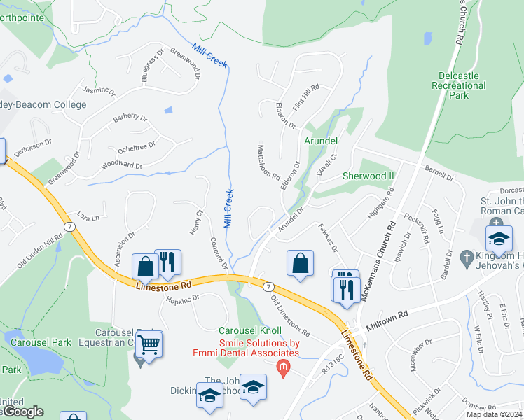 map of restaurants, bars, coffee shops, grocery stores, and more near 2909 Crossfork Drive in Wilmington