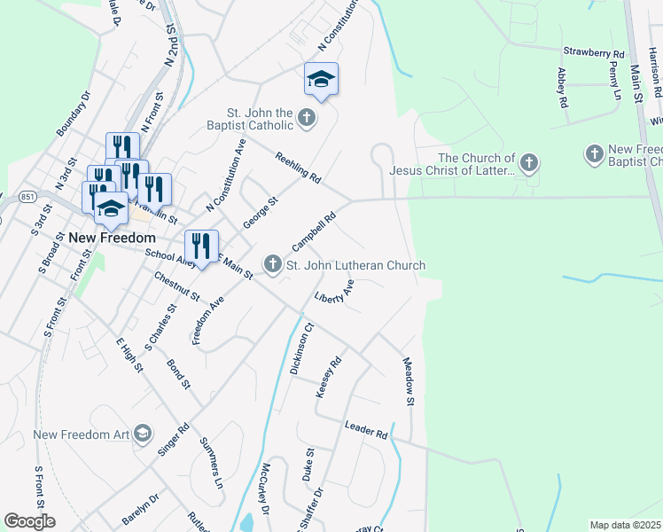 map of restaurants, bars, coffee shops, grocery stores, and more near 9 Liberty Avenue in New Freedom