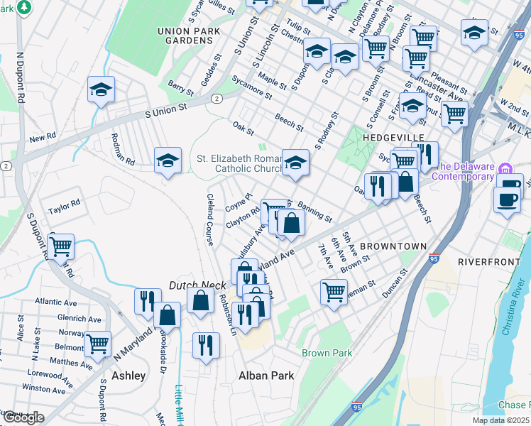 map of restaurants, bars, coffee shops, grocery stores, and more near 1504 Saint Elizabeth Street in Wilmington