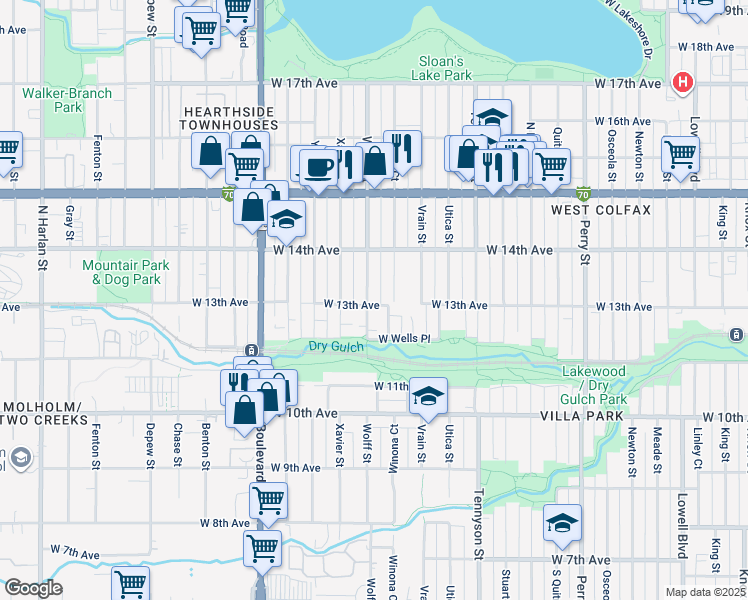 map of restaurants, bars, coffee shops, grocery stores, and more near 4708 West 13th Avenue in Denver