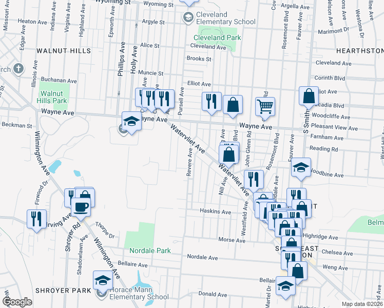 map of restaurants, bars, coffee shops, grocery stores, and more near 2134 Revere Avenue in Dayton