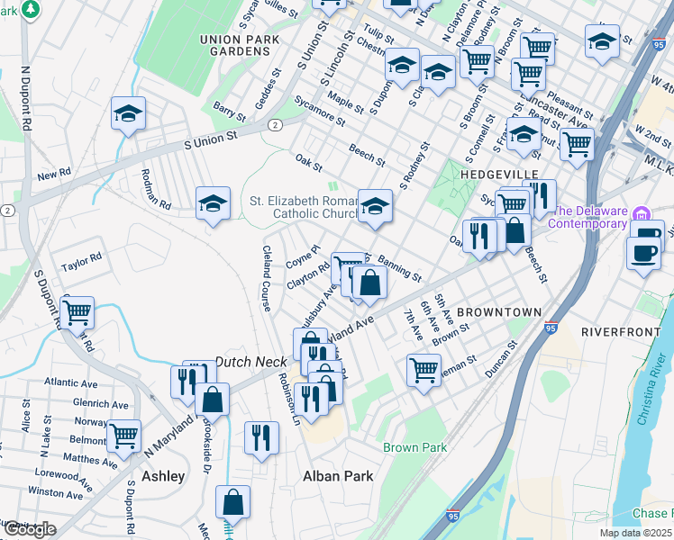 map of restaurants, bars, coffee shops, grocery stores, and more near 1504 Saint Elizabeth Street in Wilmington