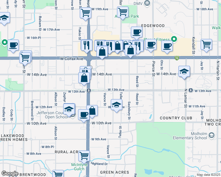 map of restaurants, bars, coffee shops, grocery stores, and more near 1305 Upham Street in Lakewood