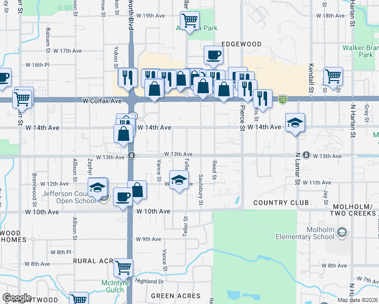 map of restaurants, bars, coffee shops, grocery stores, and more near 7175 West 13th Avenue in Lakewood