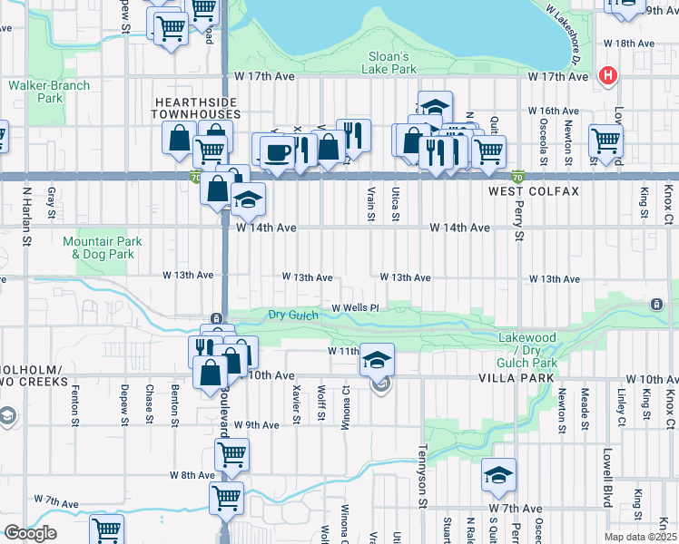 map of restaurants, bars, coffee shops, grocery stores, and more near 1301 Winona Court in Denver