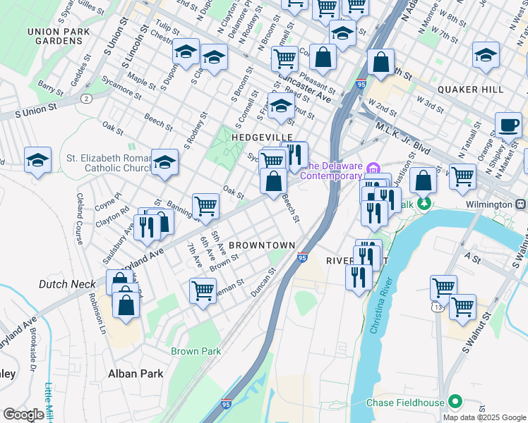 map of restaurants, bars, coffee shops, grocery stores, and more near 14 Lower Oak Street in Wilmington