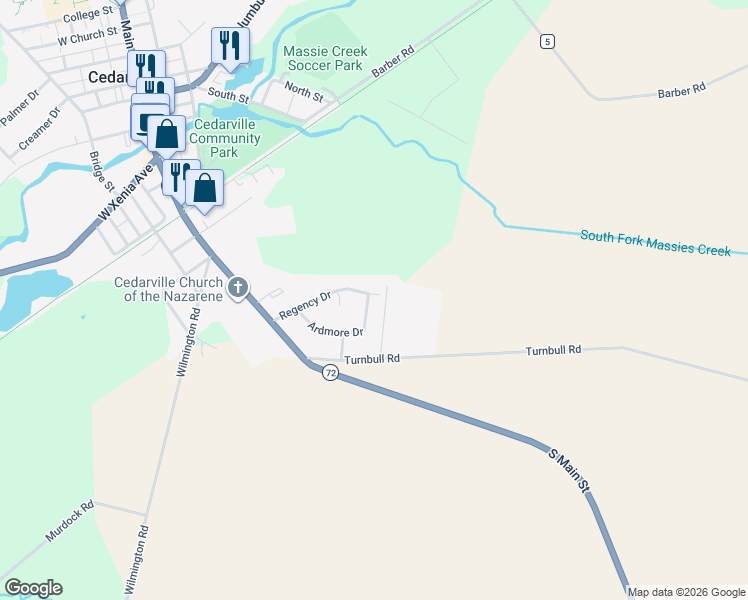 map of restaurants, bars, coffee shops, grocery stores, and more near 289 Ardmore Drive in Cedarville