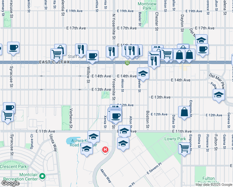 map of restaurants, bars, coffee shops, grocery stores, and more near 1260 Yosemite Street in Denver