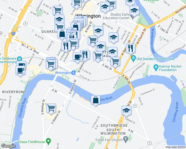 map of restaurants, bars, coffee shops, grocery stores, and more near 425 East 2nd Street in Wilmington