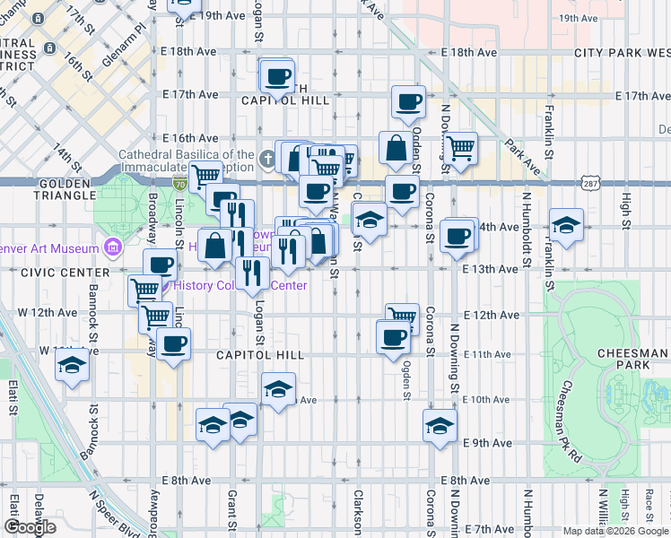 map of restaurants, bars, coffee shops, grocery stores, and more near East 13th Avenue & Washington Street in Denver
