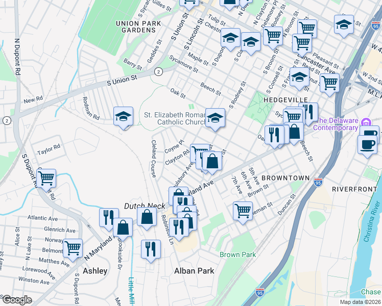 map of restaurants, bars, coffee shops, grocery stores, and more near 1501 Willis Place in Wilmington