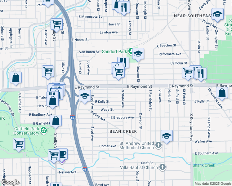 map of restaurants, bars, coffee shops, grocery stores, and more near 1632 East Tabor Street in Indianapolis