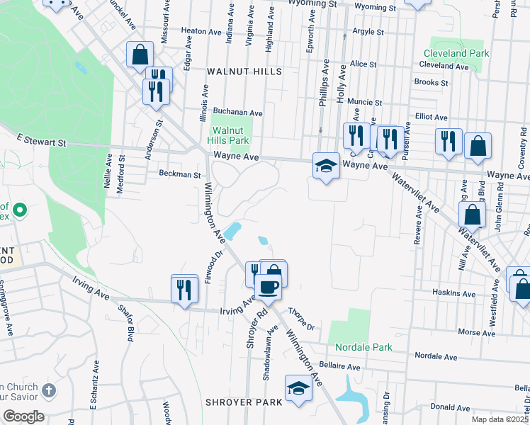 map of restaurants, bars, coffee shops, grocery stores, and more near 264 Wilmington Avenue in Dayton
