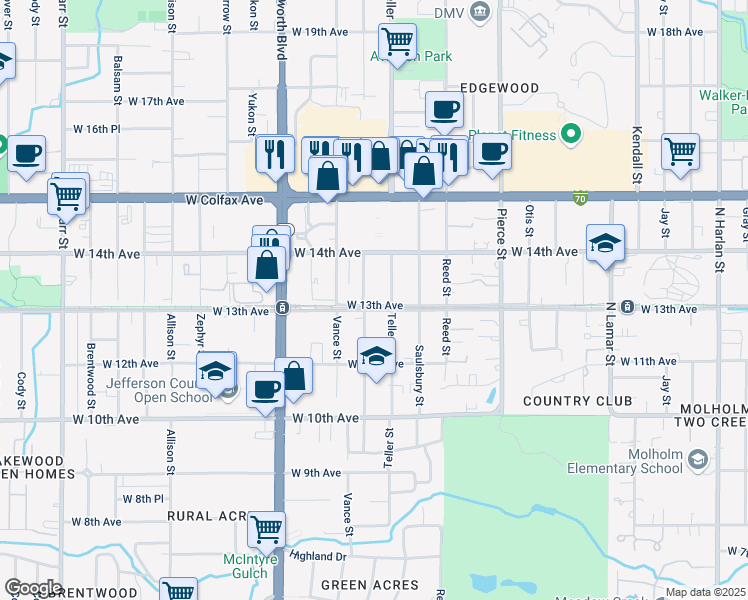 map of restaurants, bars, coffee shops, grocery stores, and more near 7249 West 13th Avenue in Lakewood