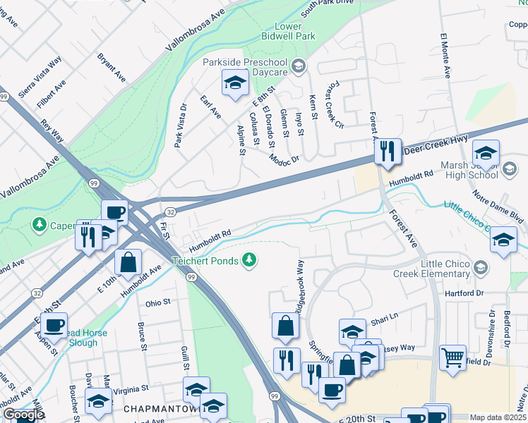map of restaurants, bars, coffee shops, grocery stores, and more near 1600 Humboldt Road in Chico
