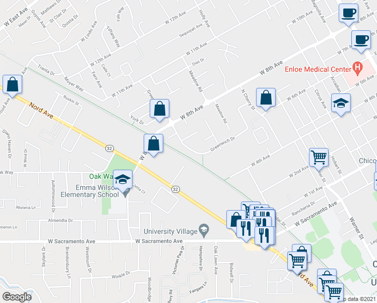 map of restaurants, bars, coffee shops, grocery stores, and more near 1041 Greenwich Drive in Chico