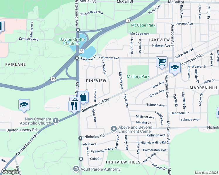 map of restaurants, bars, coffee shops, grocery stores, and more near Forent Avenue in Dayton