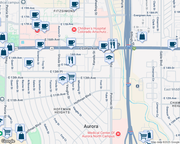 map of restaurants, bars, coffee shops, grocery stores, and more near 13605 East 13th Avenue in Aurora