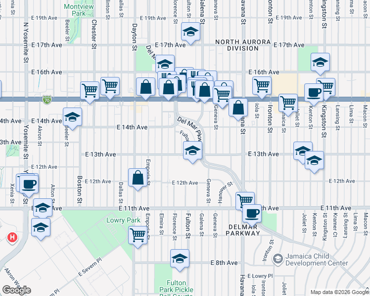 map of restaurants, bars, coffee shops, grocery stores, and more near 1301 Fulton Street in Aurora