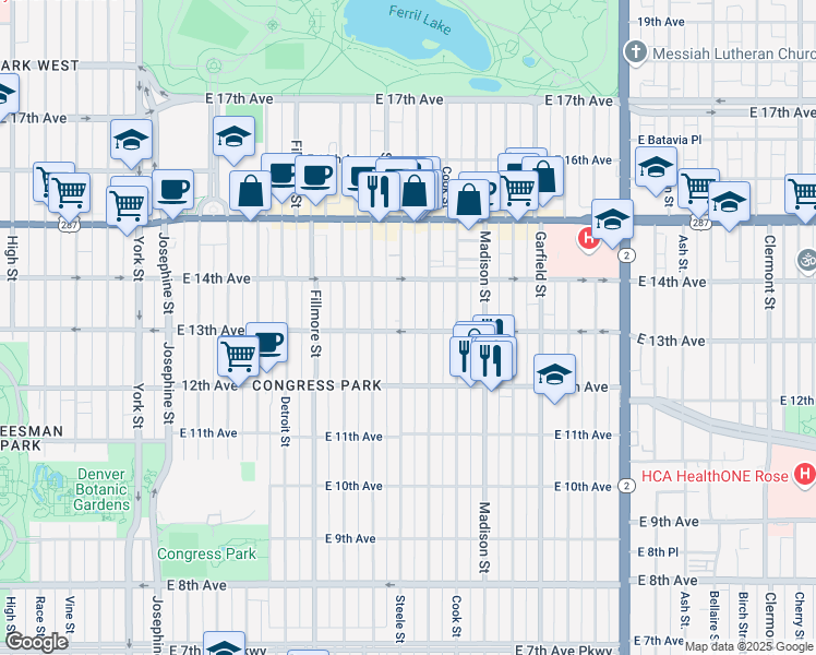 map of restaurants, bars, coffee shops, grocery stores, and more near 1268 Steele Street in Denver