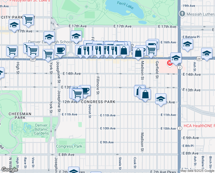map of restaurants, bars, coffee shops, grocery stores, and more near 1265 Milwaukee Street in Denver