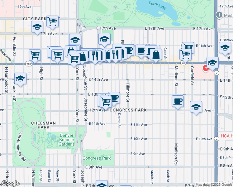 map of restaurants, bars, coffee shops, grocery stores, and more near 1280 Clayton Street in Denver