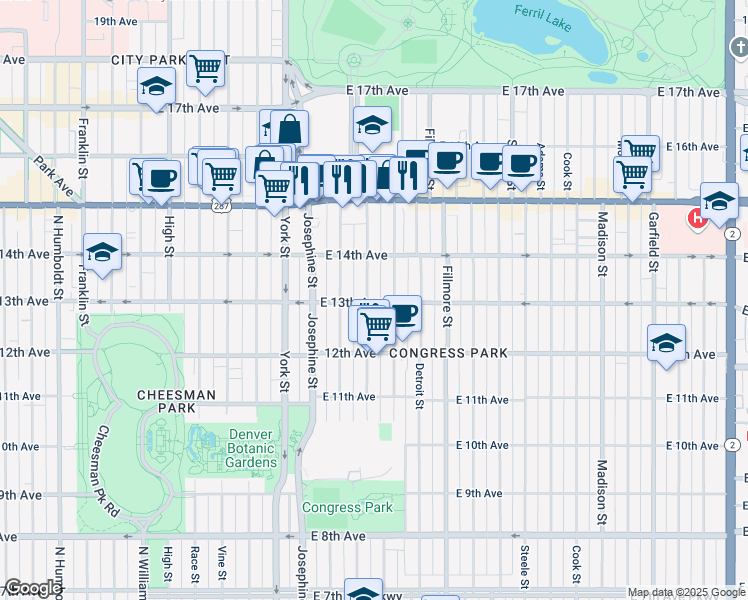 map of restaurants, bars, coffee shops, grocery stores, and more near 1265 Elizabeth Street in Denver