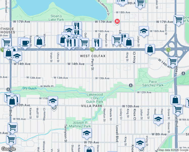 map of restaurants, bars, coffee shops, grocery stores, and more near 3978 West 13th Avenue in Denver