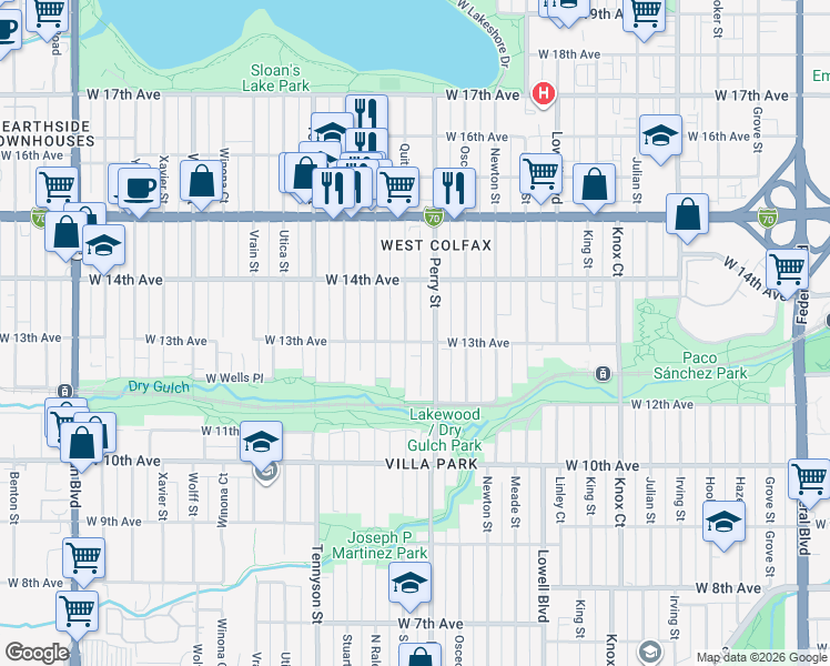 map of restaurants, bars, coffee shops, grocery stores, and more near 1295 Quitman Street in Denver