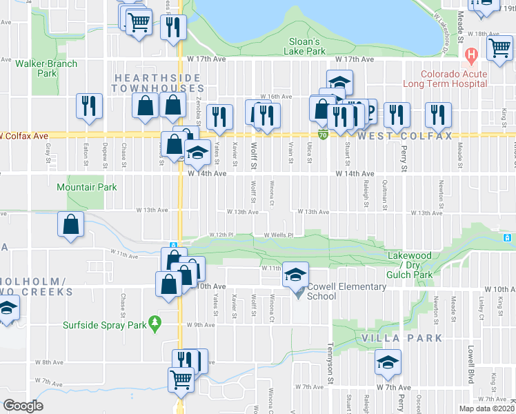 map of restaurants, bars, coffee shops, grocery stores, and more near 4708 West 13th Avenue in Denver
