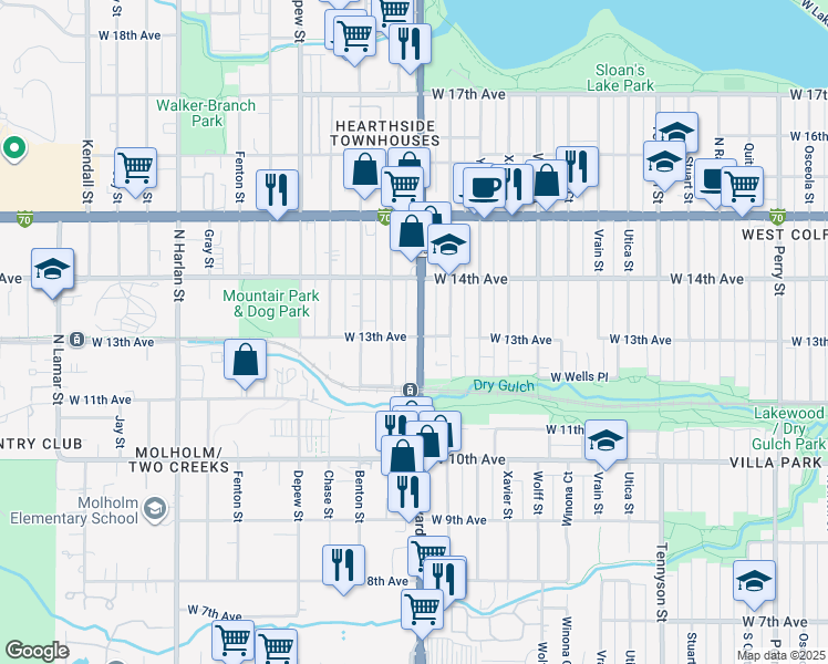 map of restaurants, bars, coffee shops, grocery stores, and more near 5240 West 13th Avenue in Lakewood
