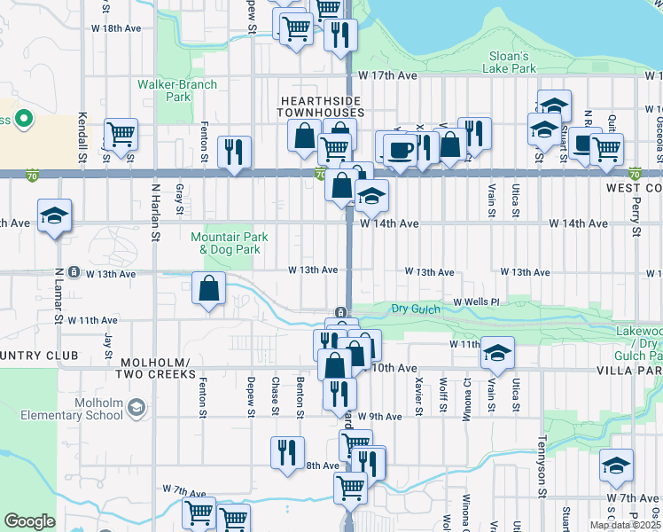 map of restaurants, bars, coffee shops, grocery stores, and more near 5240 West 13th Avenue in Lakewood