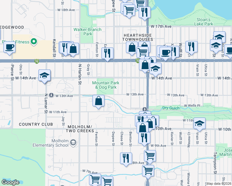 map of restaurants, bars, coffee shops, grocery stores, and more near 1305 Chase Street in Lakewood