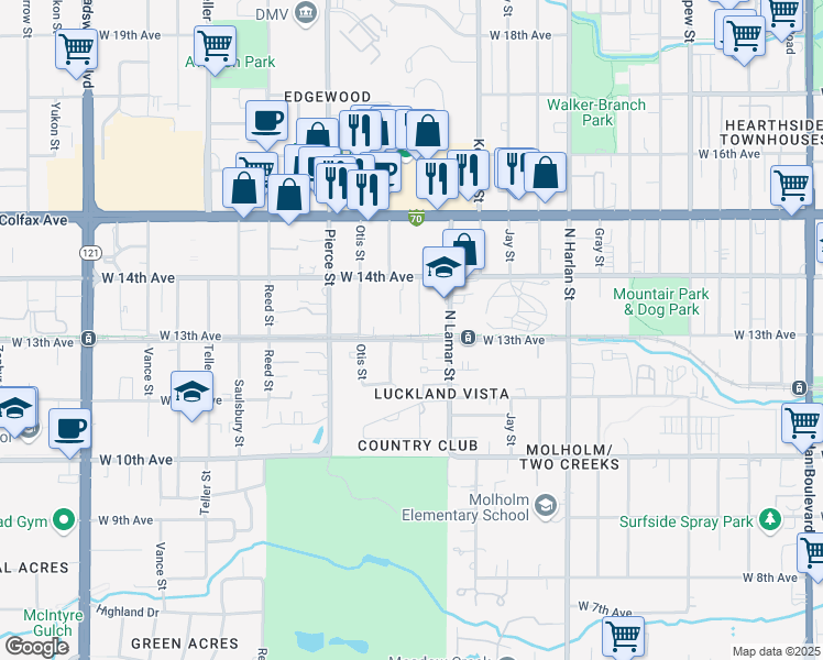 map of restaurants, bars, coffee shops, grocery stores, and more near 6590 West 13th Avenue in Lakewood