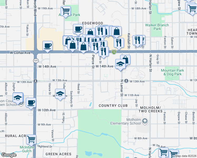 map of restaurants, bars, coffee shops, grocery stores, and more near 1290 Otis Street in Lakewood