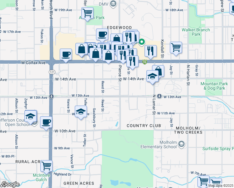 map of restaurants, bars, coffee shops, grocery stores, and more near 1290 Pierce Street in Lakewood