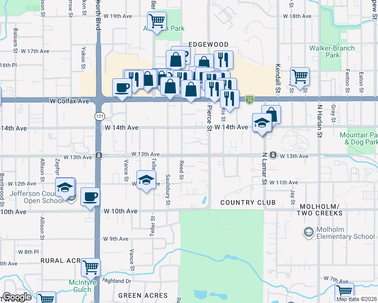 map of restaurants, bars, coffee shops, grocery stores, and more near 6950 West 13th Avenue in Lakewood