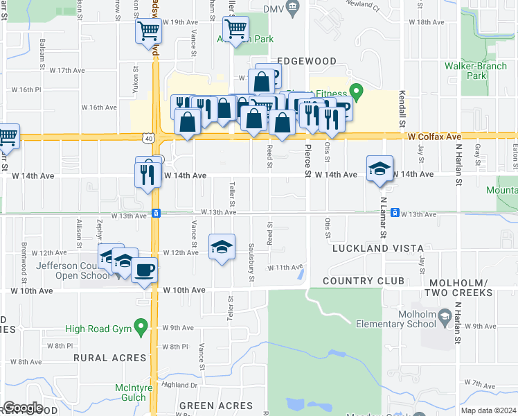 map of restaurants, bars, coffee shops, grocery stores, and more near 7020 West 13th Avenue in Lakewood